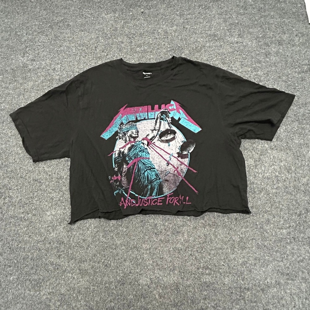 Old Navy T-Shirt Womens XL Black Metallica Graphic Raw Hem Crop Top Rock Band